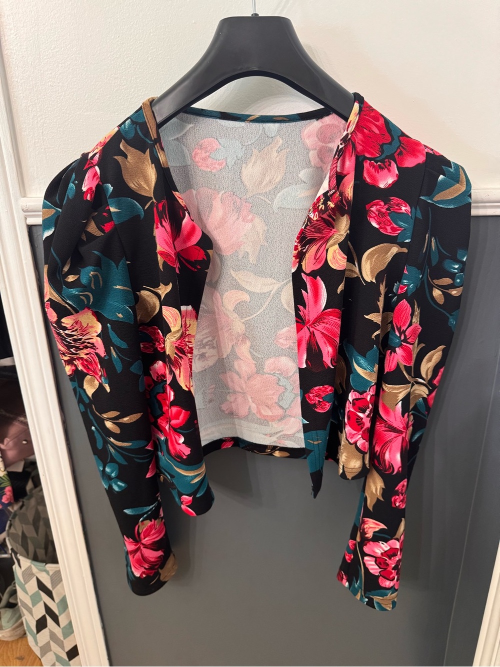 SHEIN Black Floral Open-Front Blazer with Pink Teal & Gold Accents